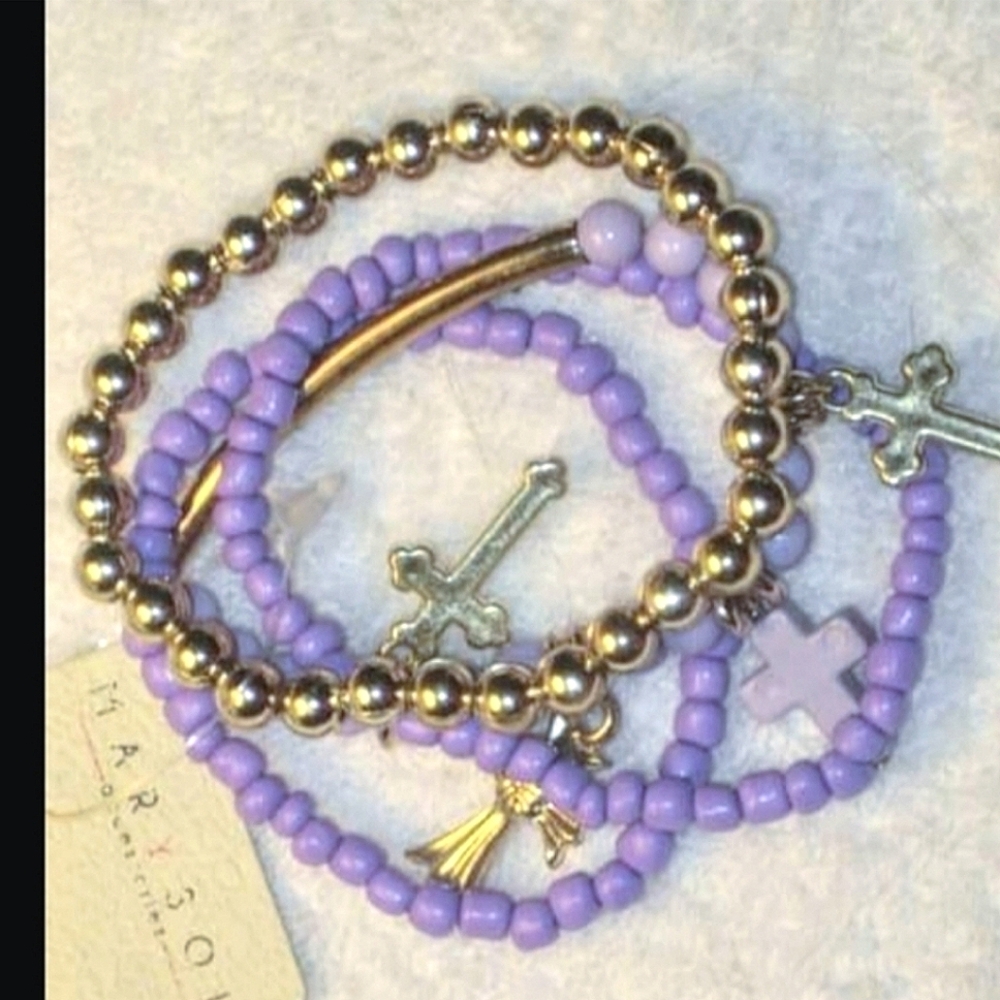Orchid & Gold Beaded Crosses Charm Bracelet Set